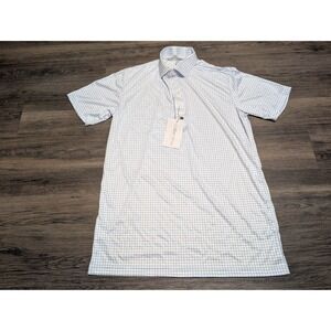 Collars & Co Mens Medium Dress Collar Polo Shirt White Blue Windowpane Grid NWT